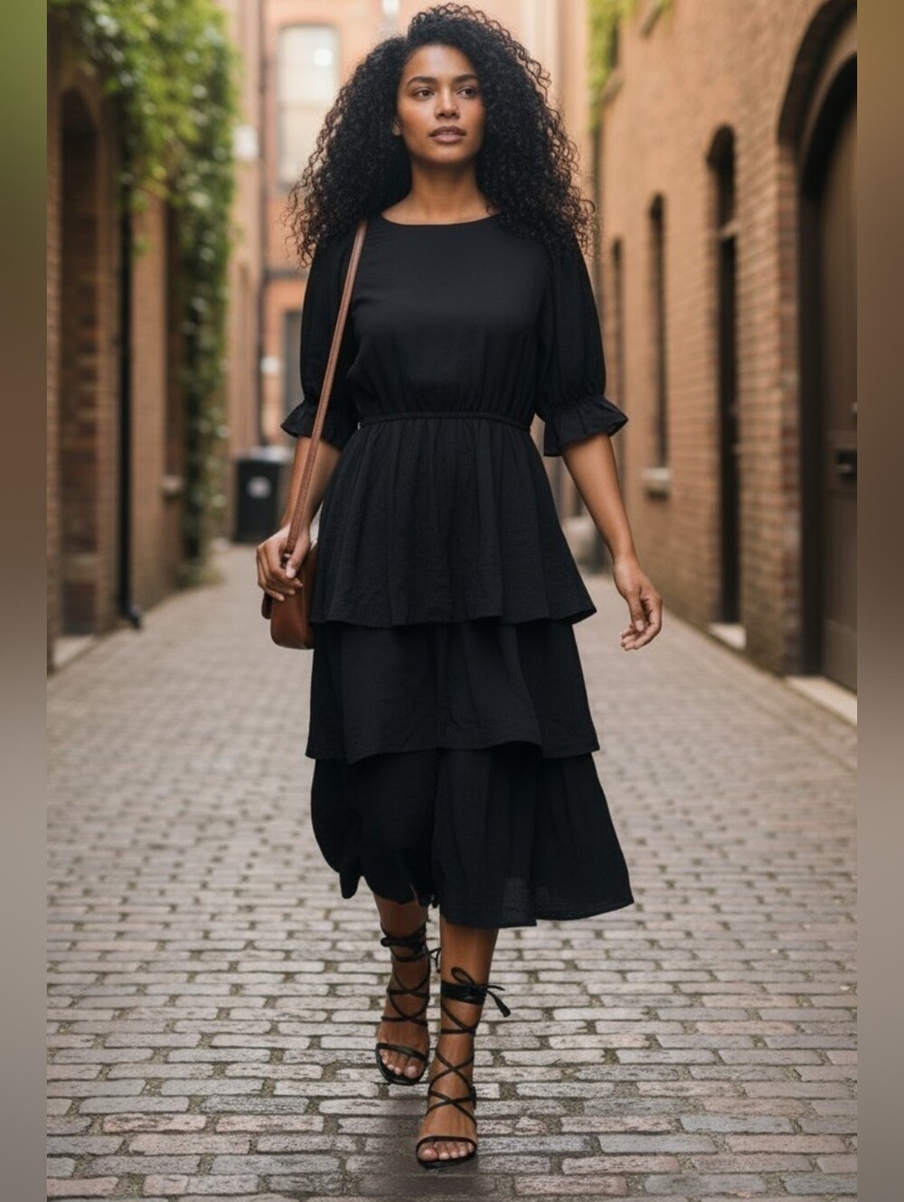 Forever 21 Black Tiered Midi Dress Black Boho Chic Back Satin Tie Size Large Nwt